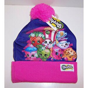 SHOPKINS Soft PINK/PURPLE KNIT HAT & GLOVES Pom-Pom BEANIE Cap Warm Winter SET